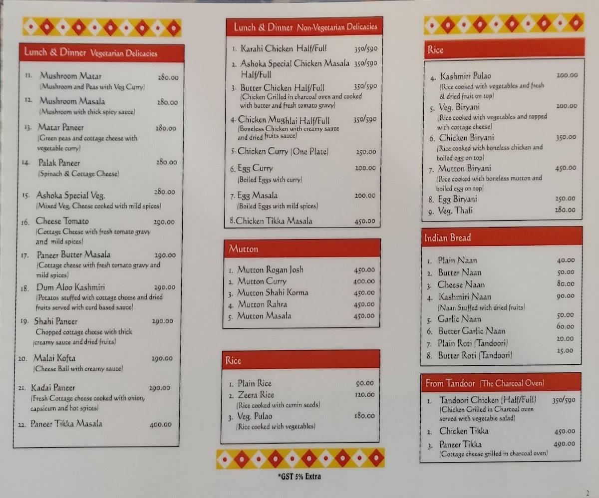 Ashoka Restaurant menu