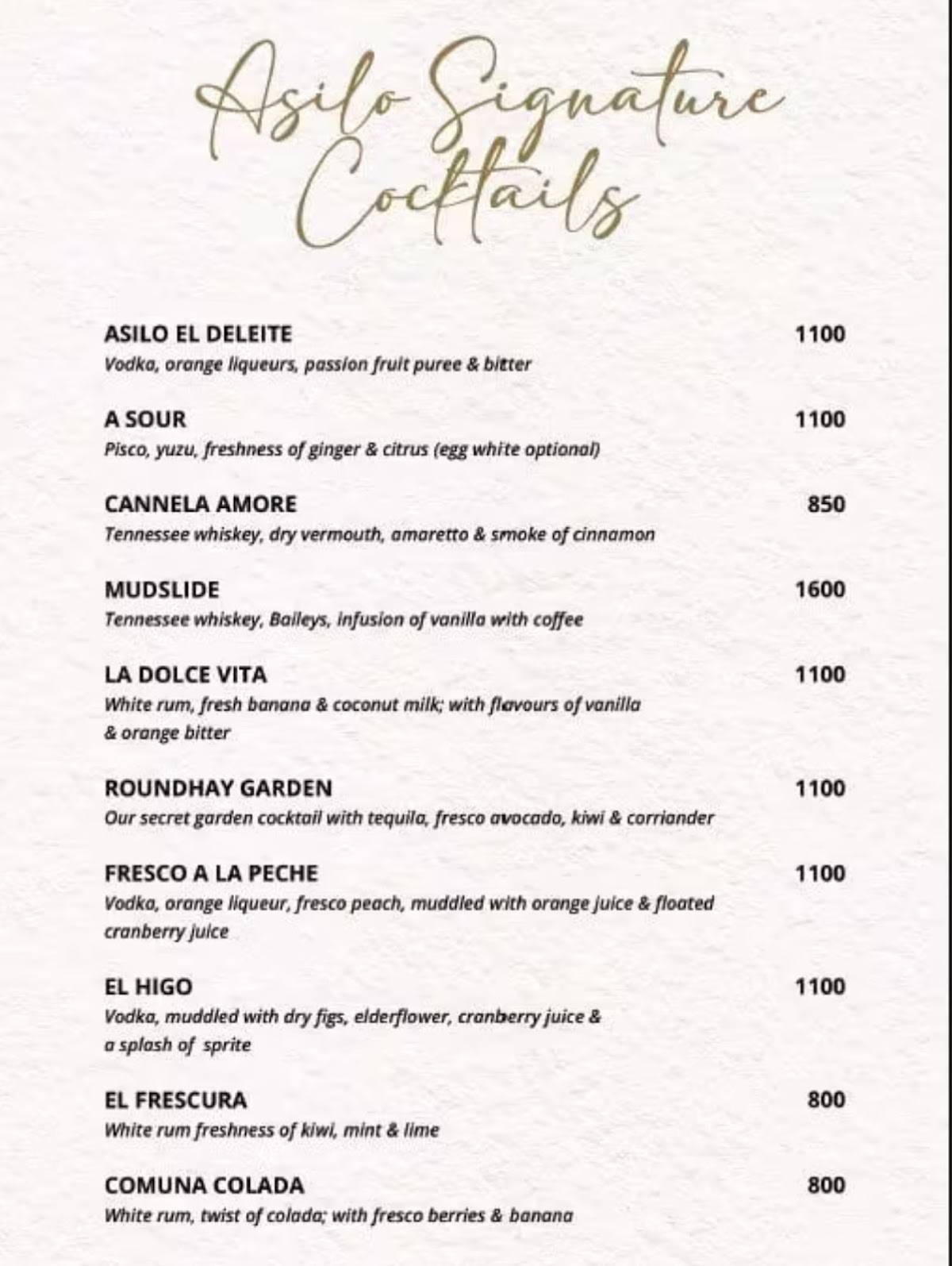 Asilo menu