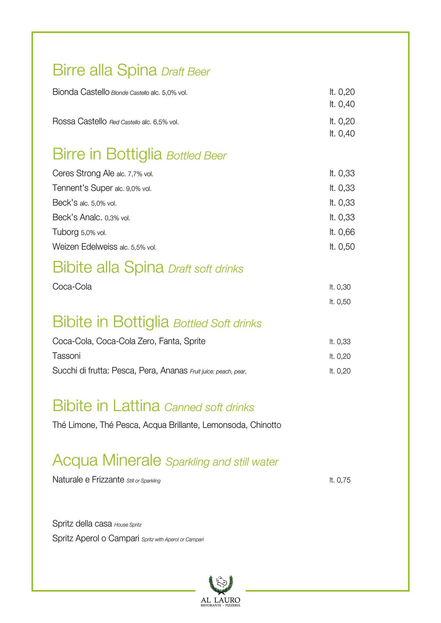Menu di Al Lauro di Zago David 