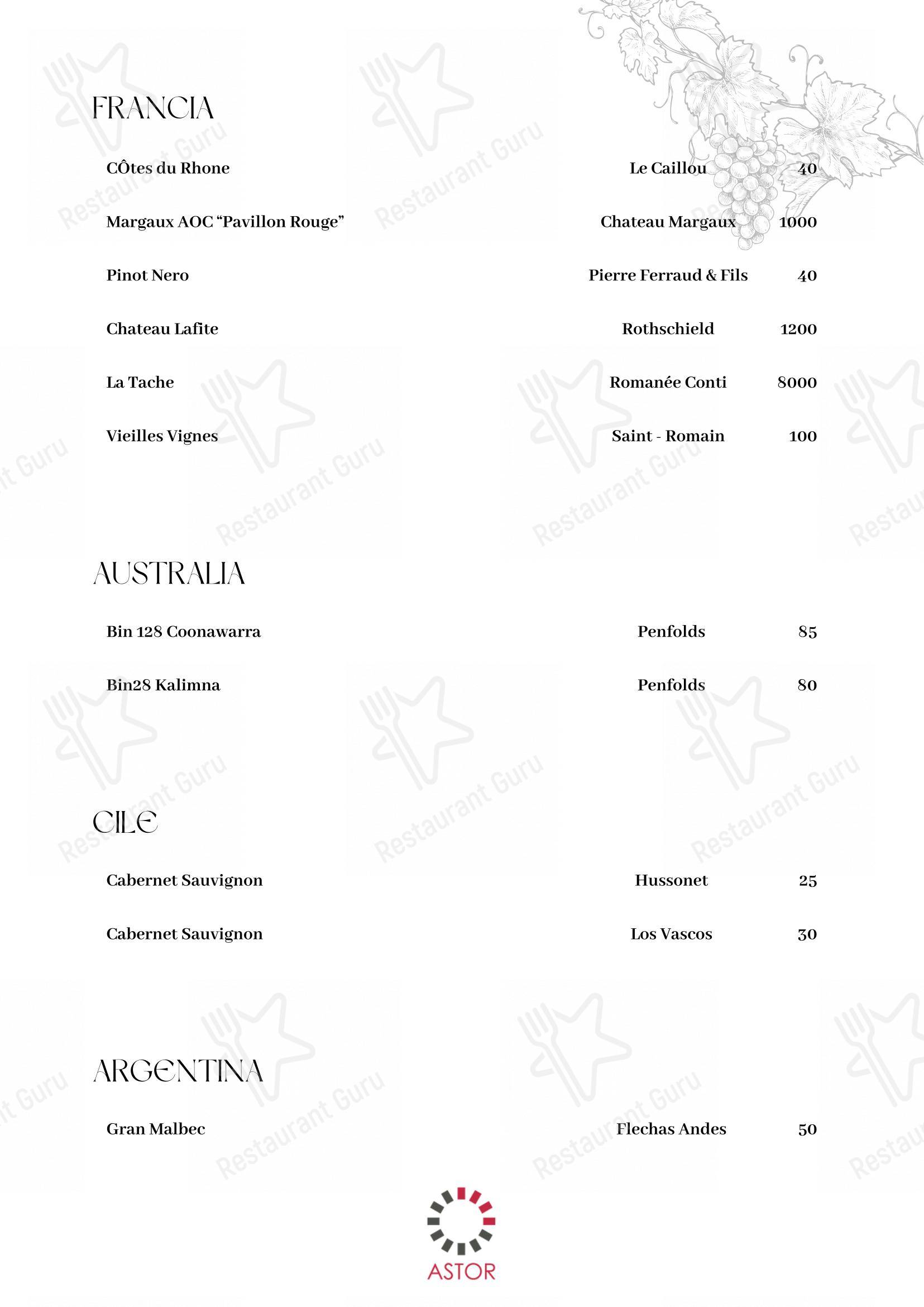 Menu di Astor - Menu