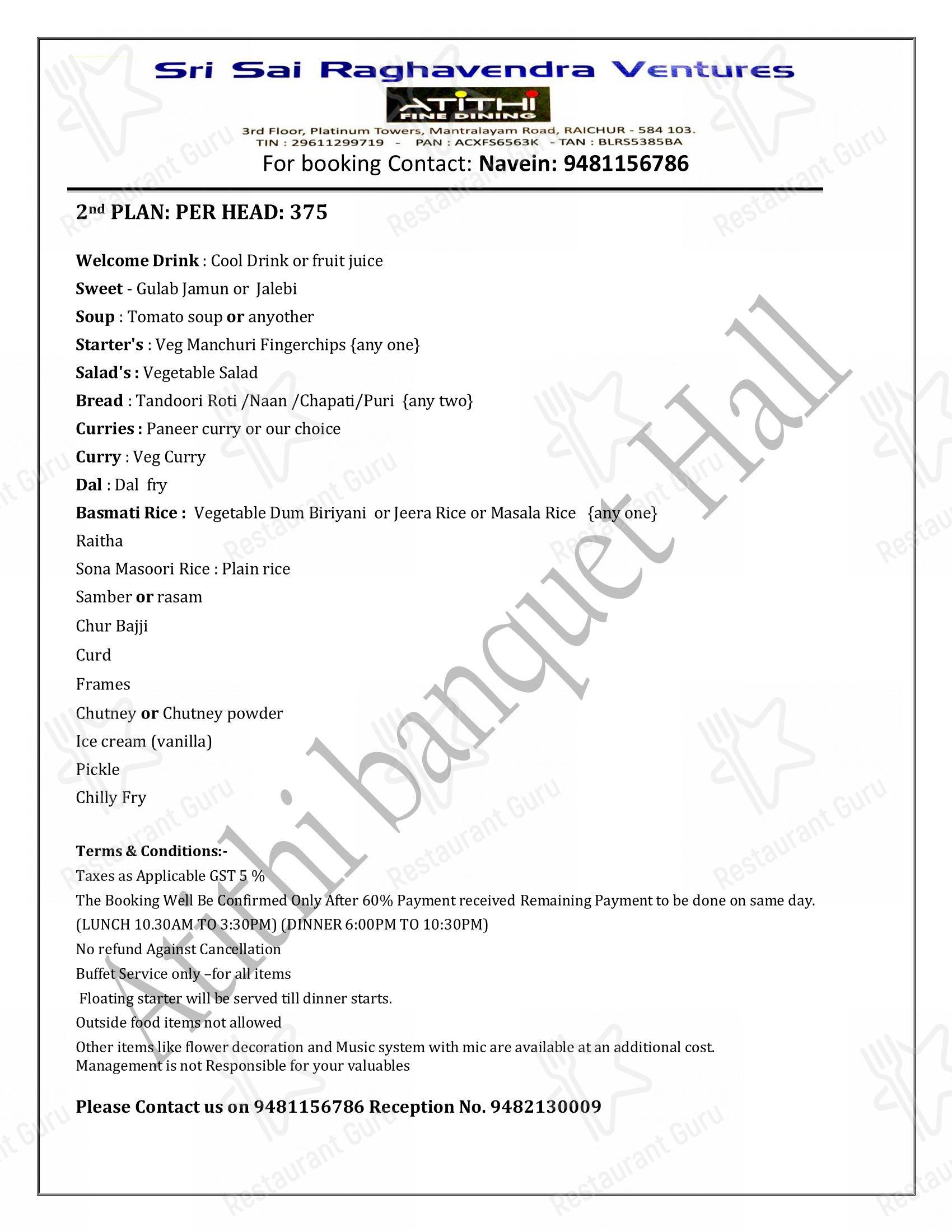 Atithi Fine Dining and Banquet Hall in Raichur - Menu