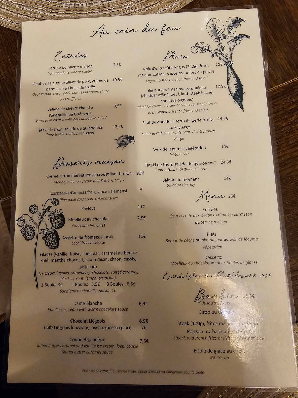 Menu at Au Coin du Feu restaurant, Locronan, 3 Rue du Prieuré