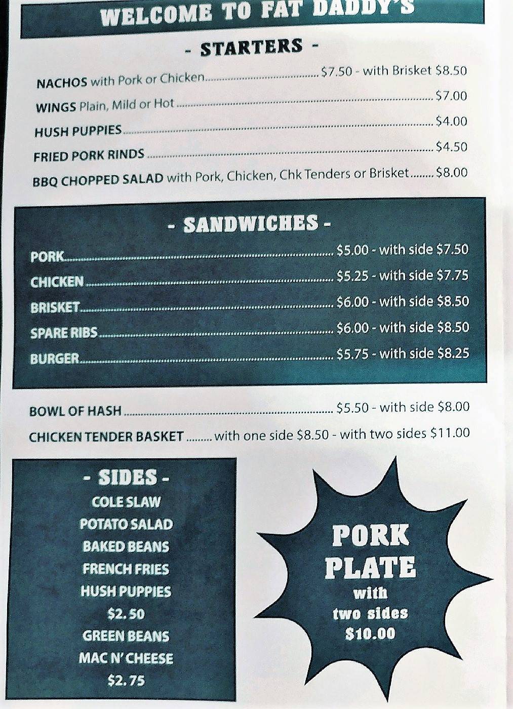 Menu at Fat Daddy's BBQ, Greenwood, 115 Hampton Ave