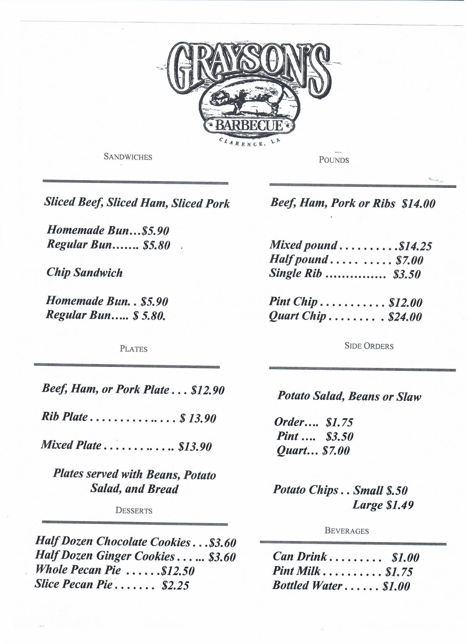 Menu at Grayson's Barbeque, Clarence