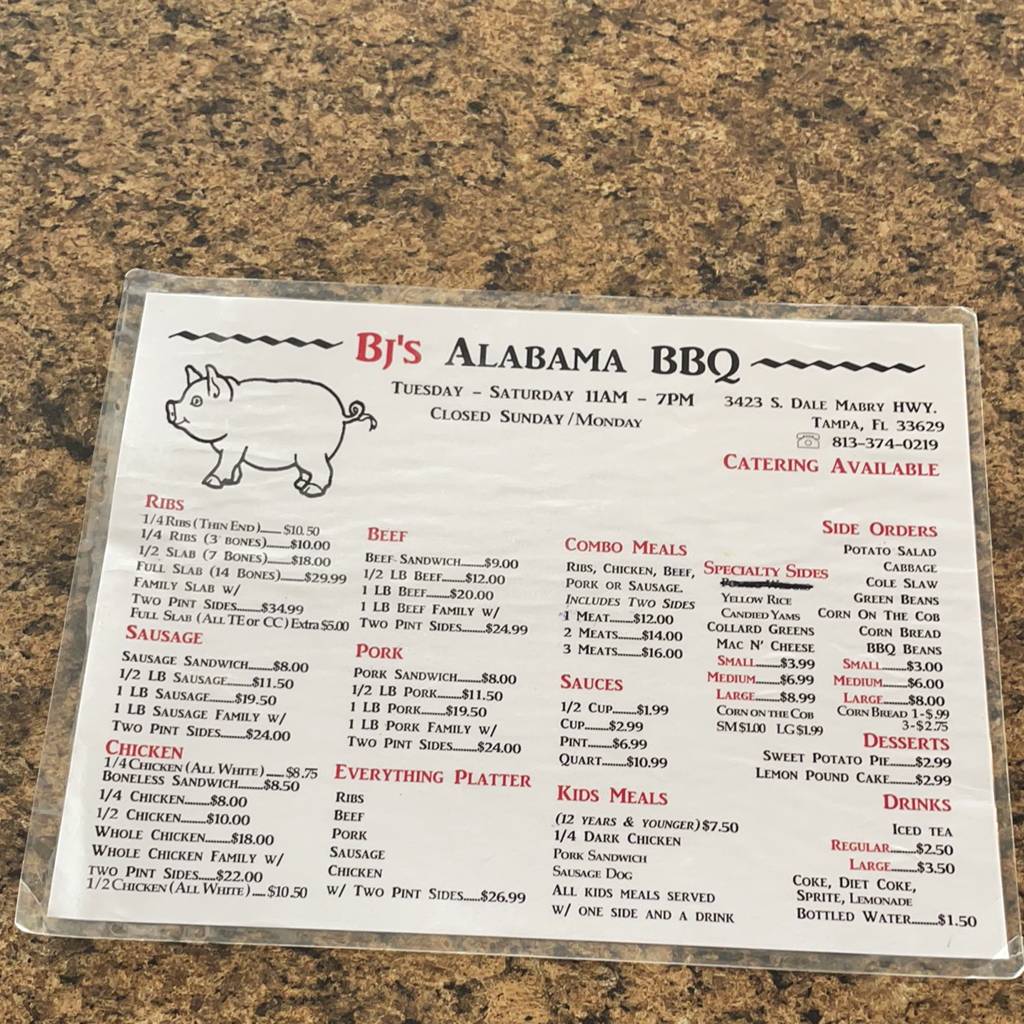 Menu at BJ’s Alabama BBQ!, Tampa