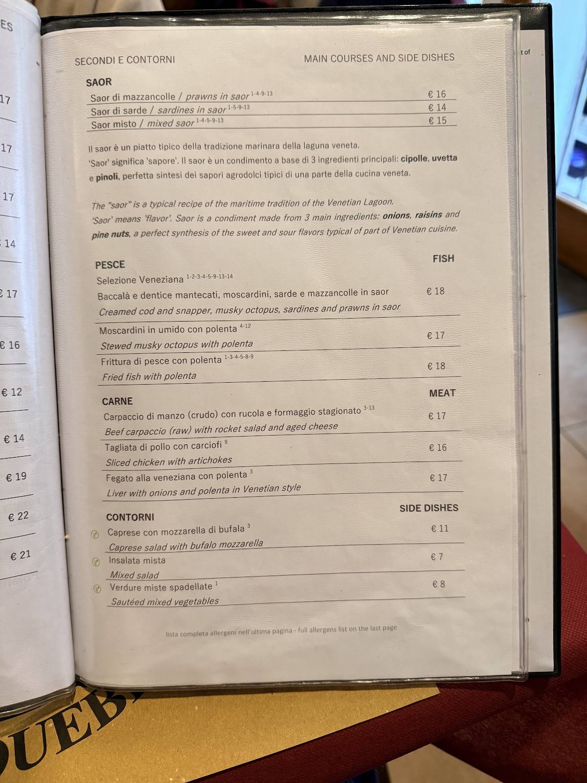 Menu di Bacaro Quebrado - Cicchetti a Venezia 