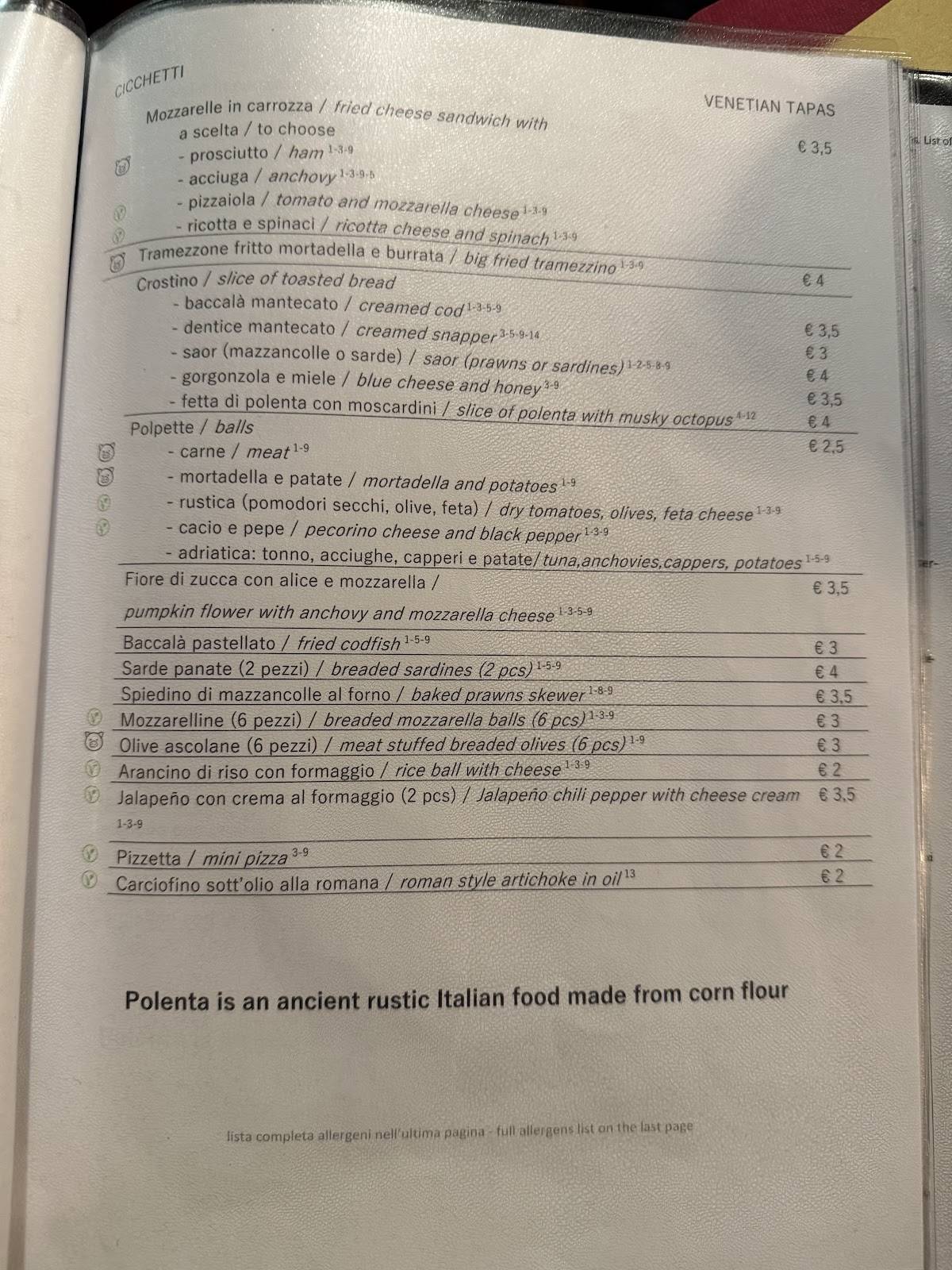Menu di Bacaro Quebrado - Cicchetti a Venezia 