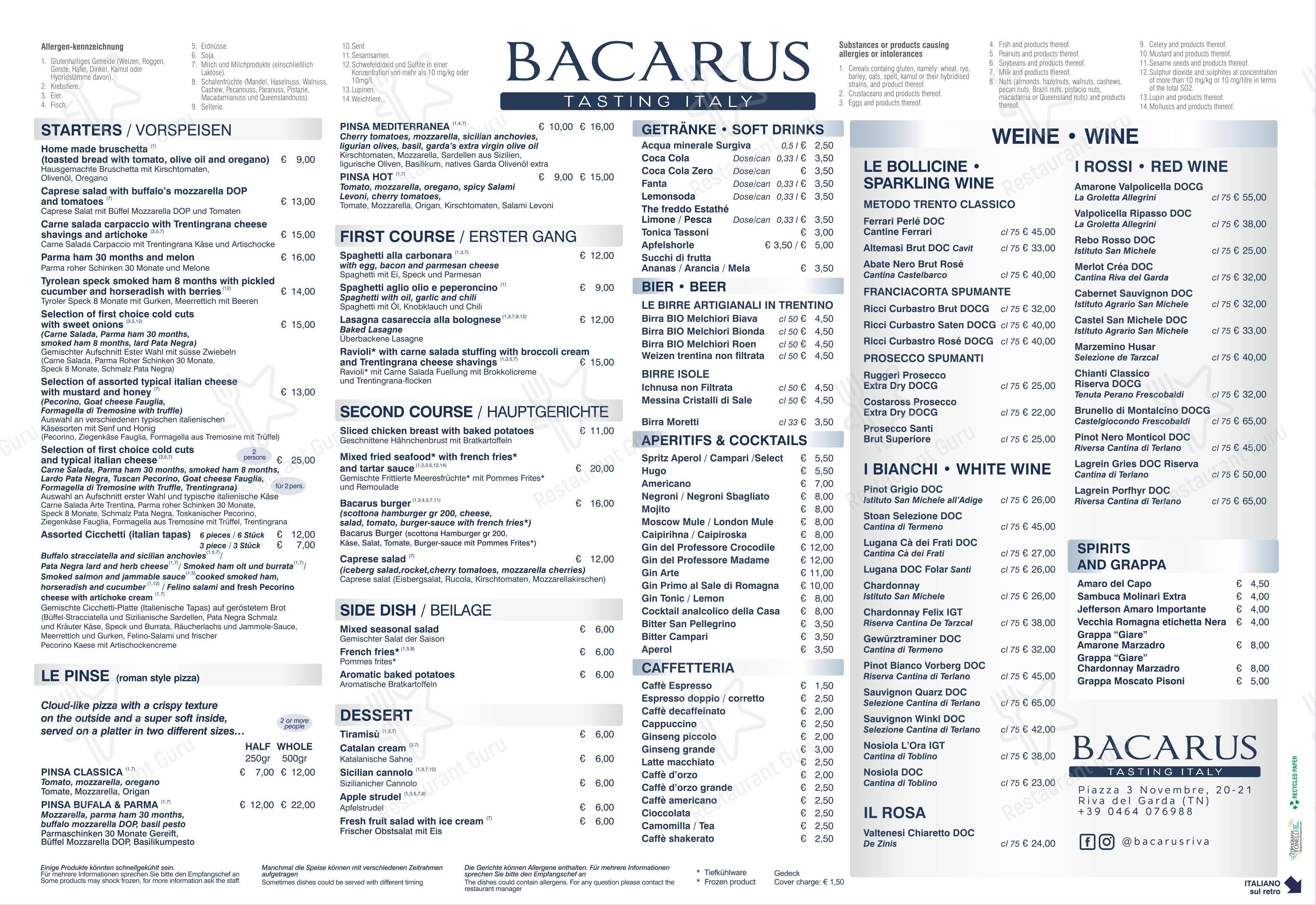 Menu per Bacarus - Tasting Italy ristorante