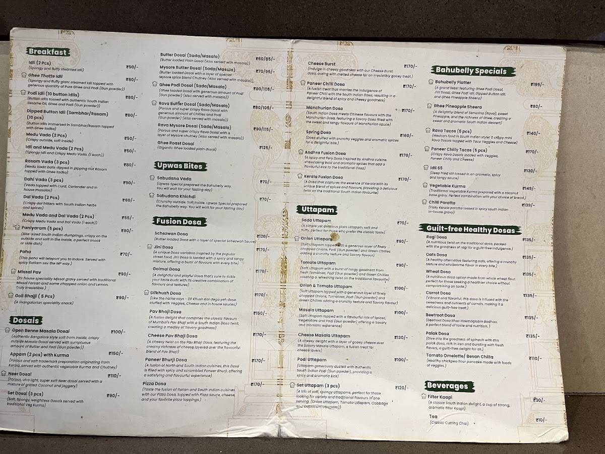 Bahubelly - The Taste of South menu