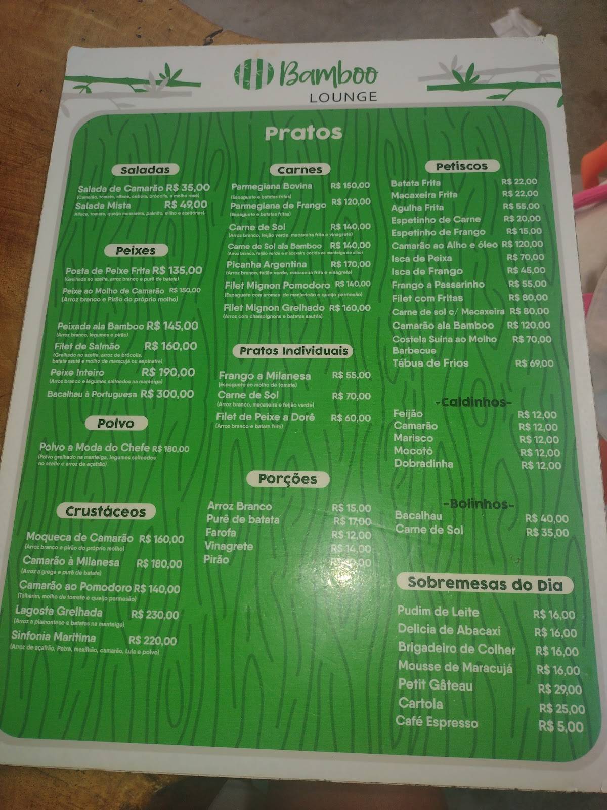 Bamboo Lounge cardápio
