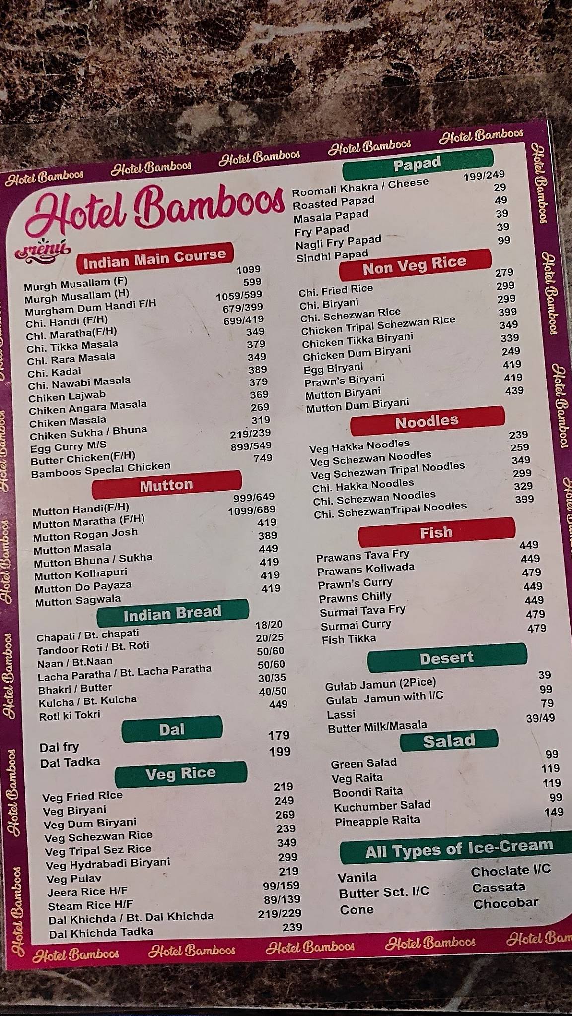 Bamboos Hotel Family Garden Veg & Non-Veg Restaurant menu