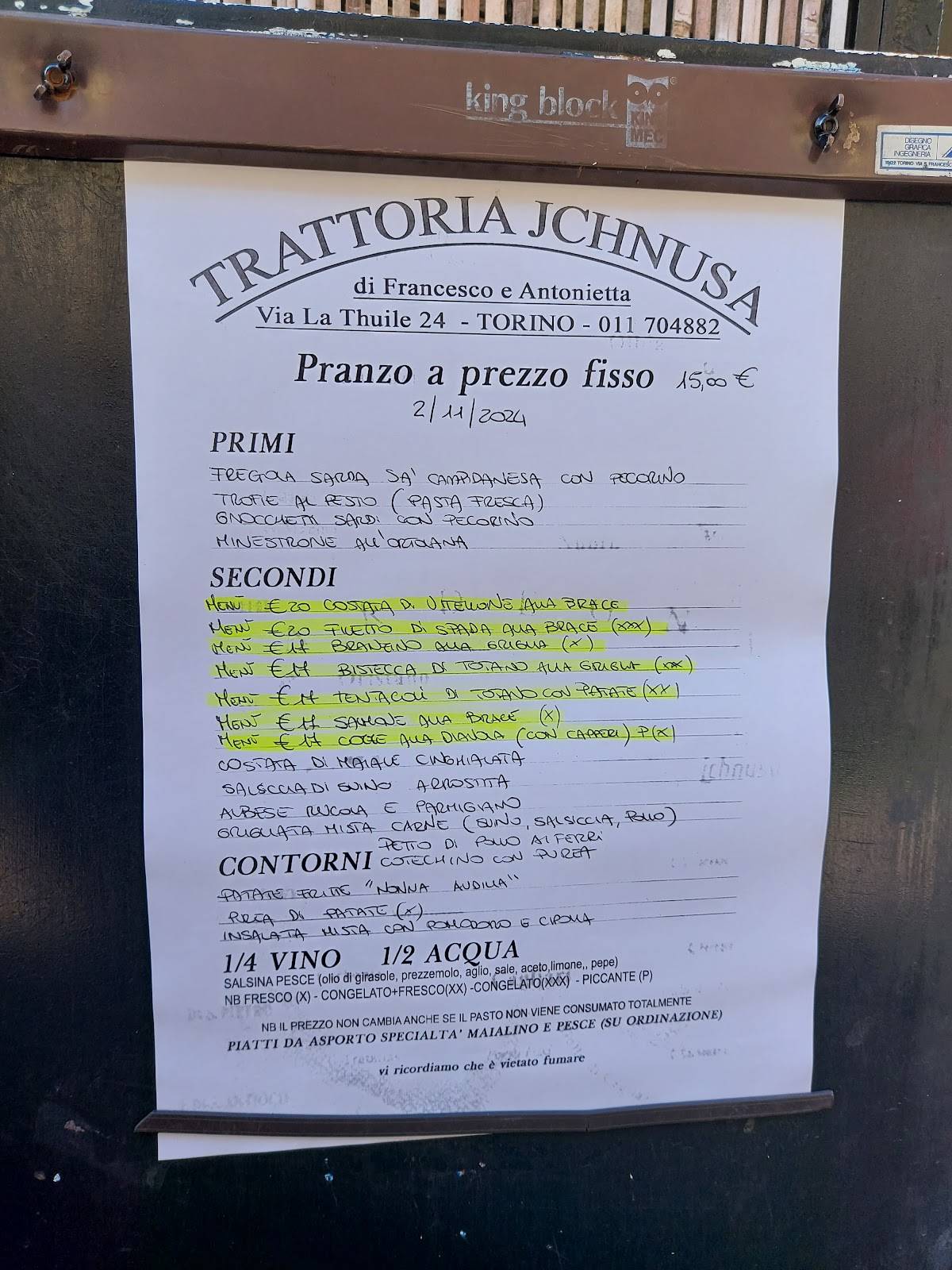 Menu di Bar trattoria Jchnusa 