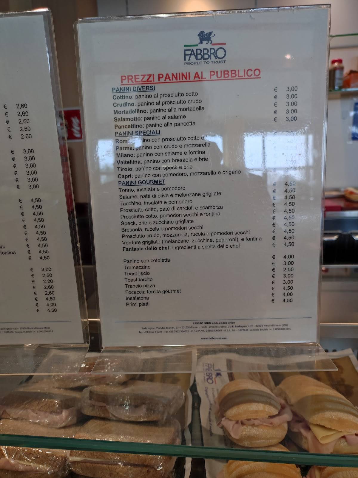 Menu di Bar ospedale 