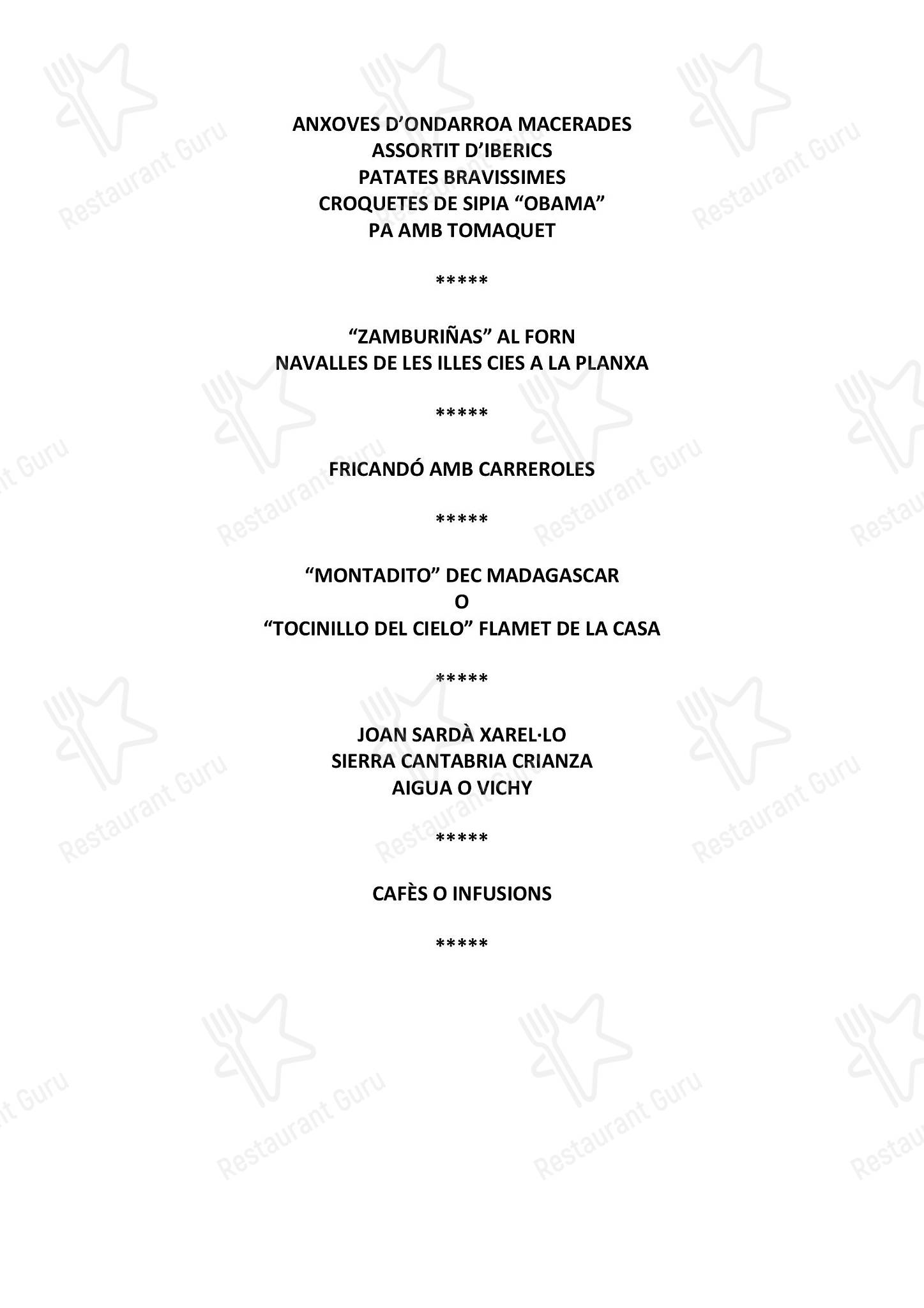 Carta del restaurante Paco Meralgo, Barcelona