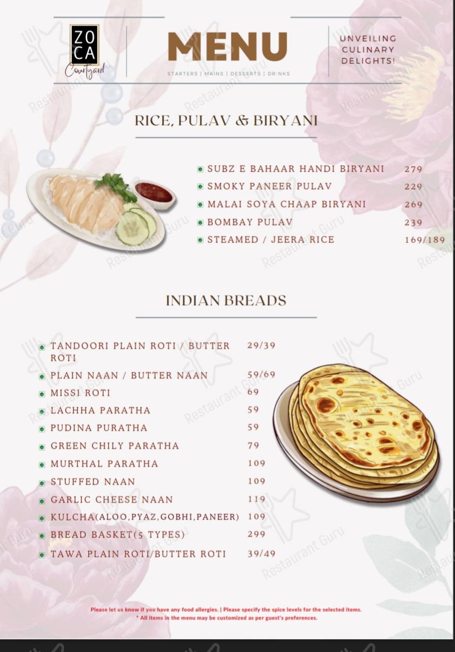 Zoca Courtyard Barmer menu