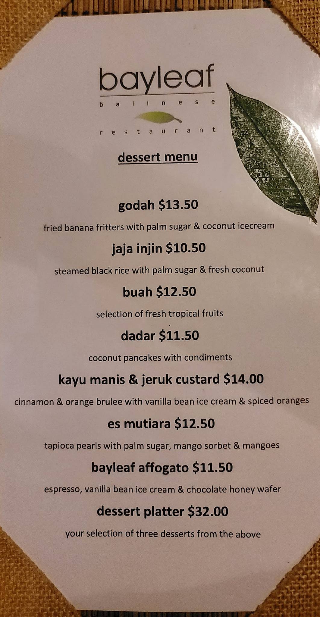 Menu at Bayleaf Balinese Restaurant, Cairns