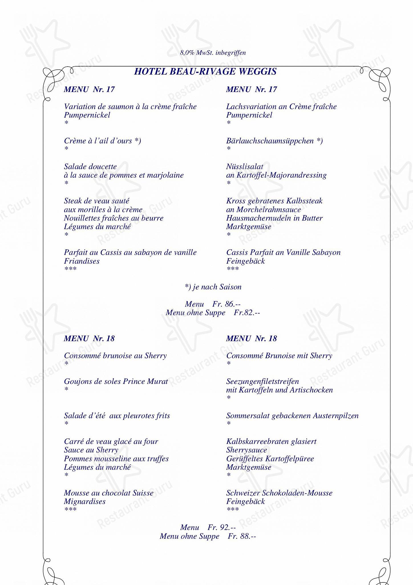 Romantik Hotel Beau - Rivage Weggis in Weggis - Lunch Menu
