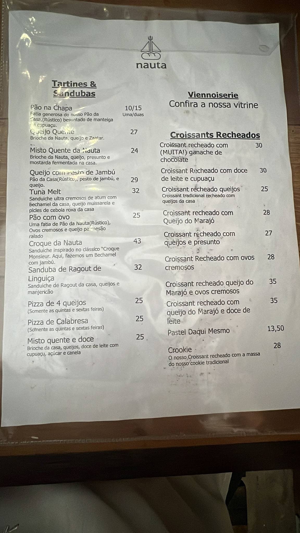 Nauta Pães e Doces Artesanais cardápio