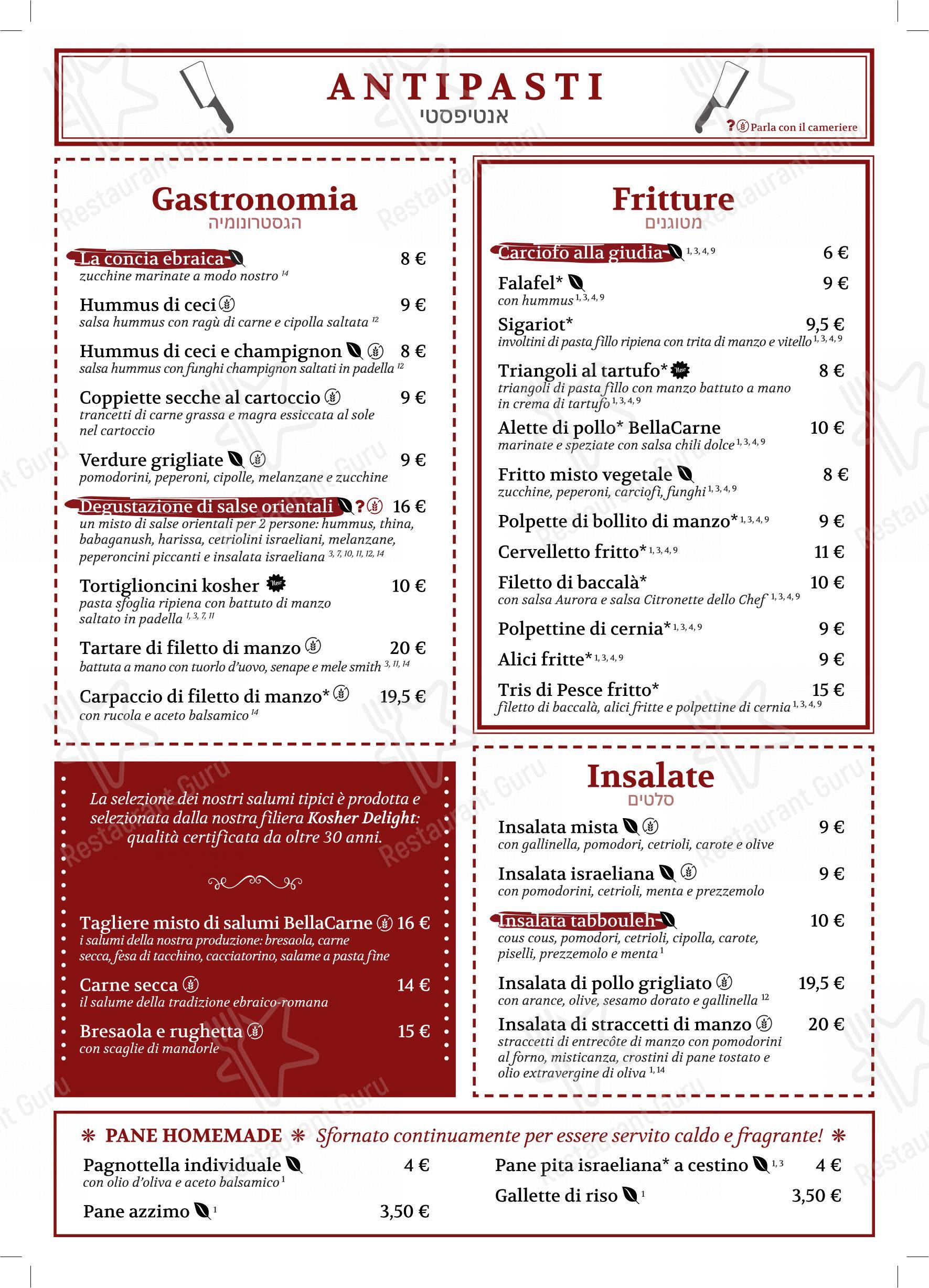 BellaCarne Kosher Restaurant in Roma - Menu