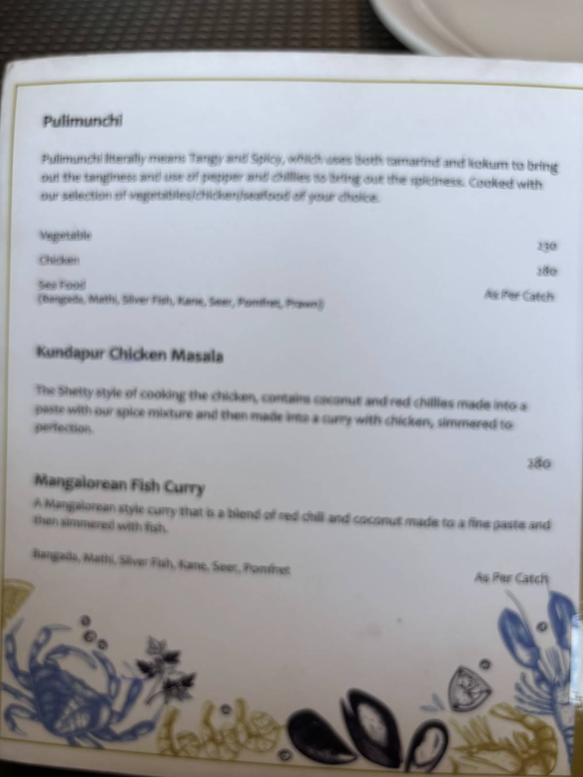 Maravanthe Coastal Cuisine menu