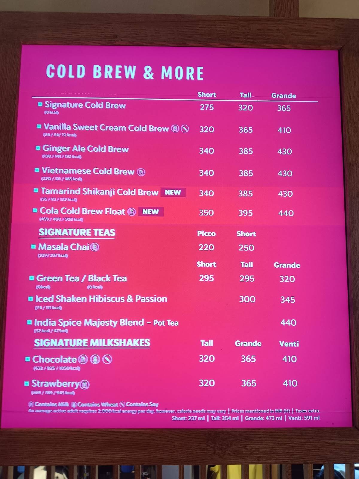 Starbucks menu
