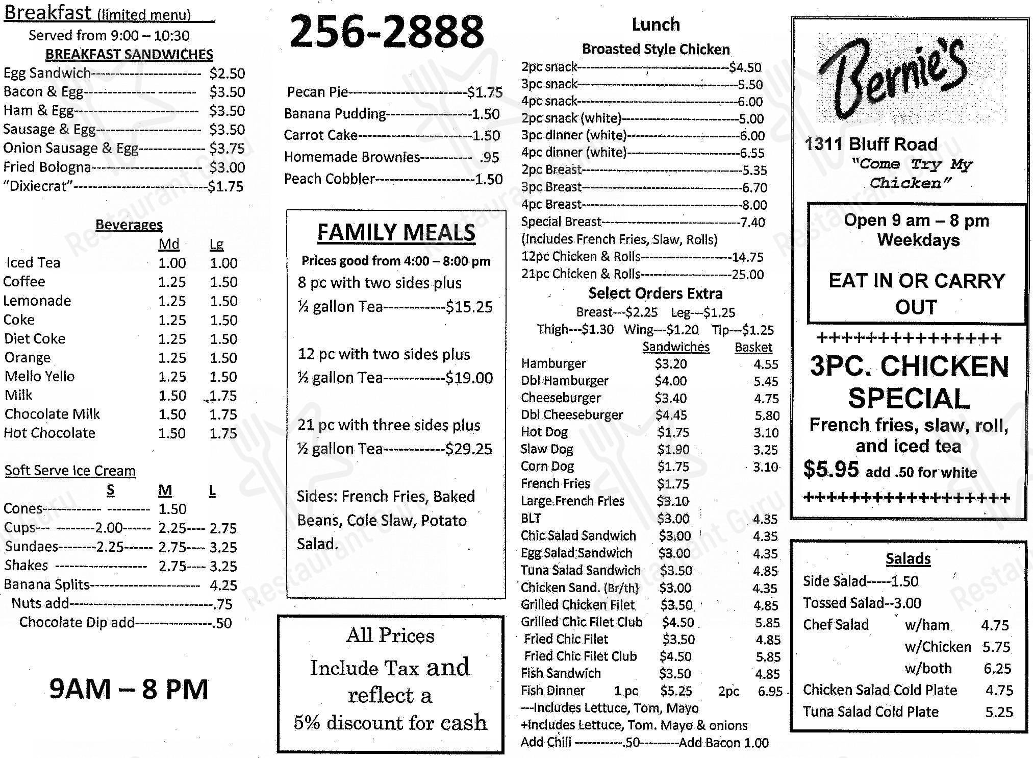 Menu at Bernie's Chicken restaurant, Columbia