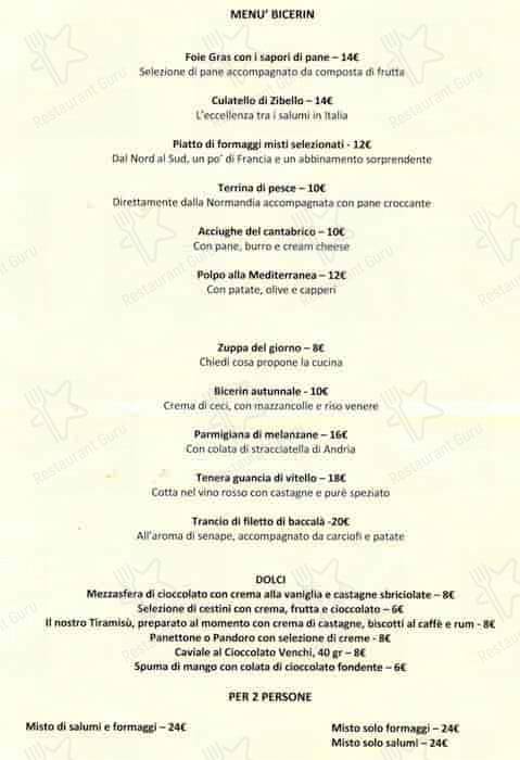 Menu di Bicerìn Milano 