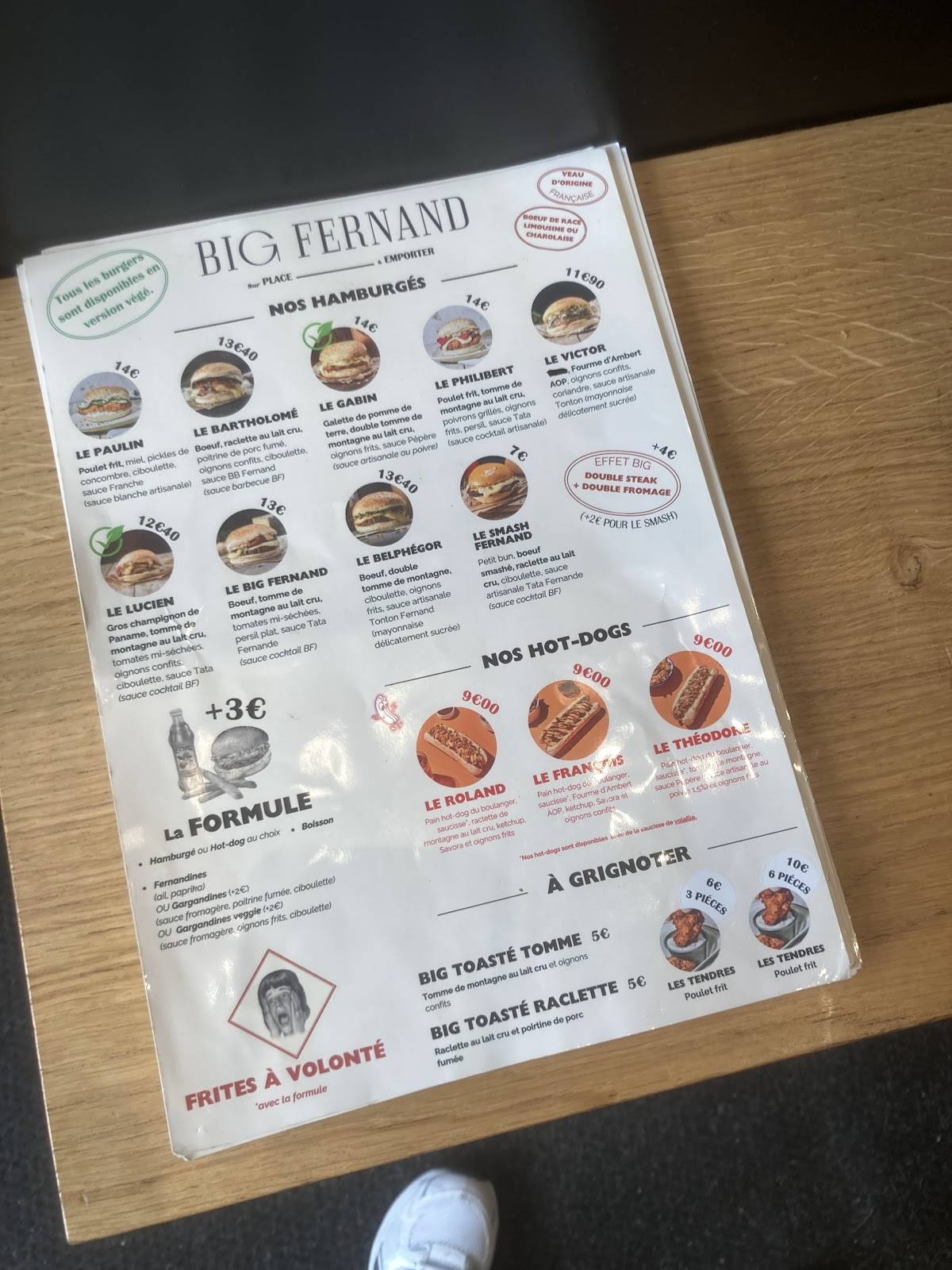 Menu de Big Fernand Angers