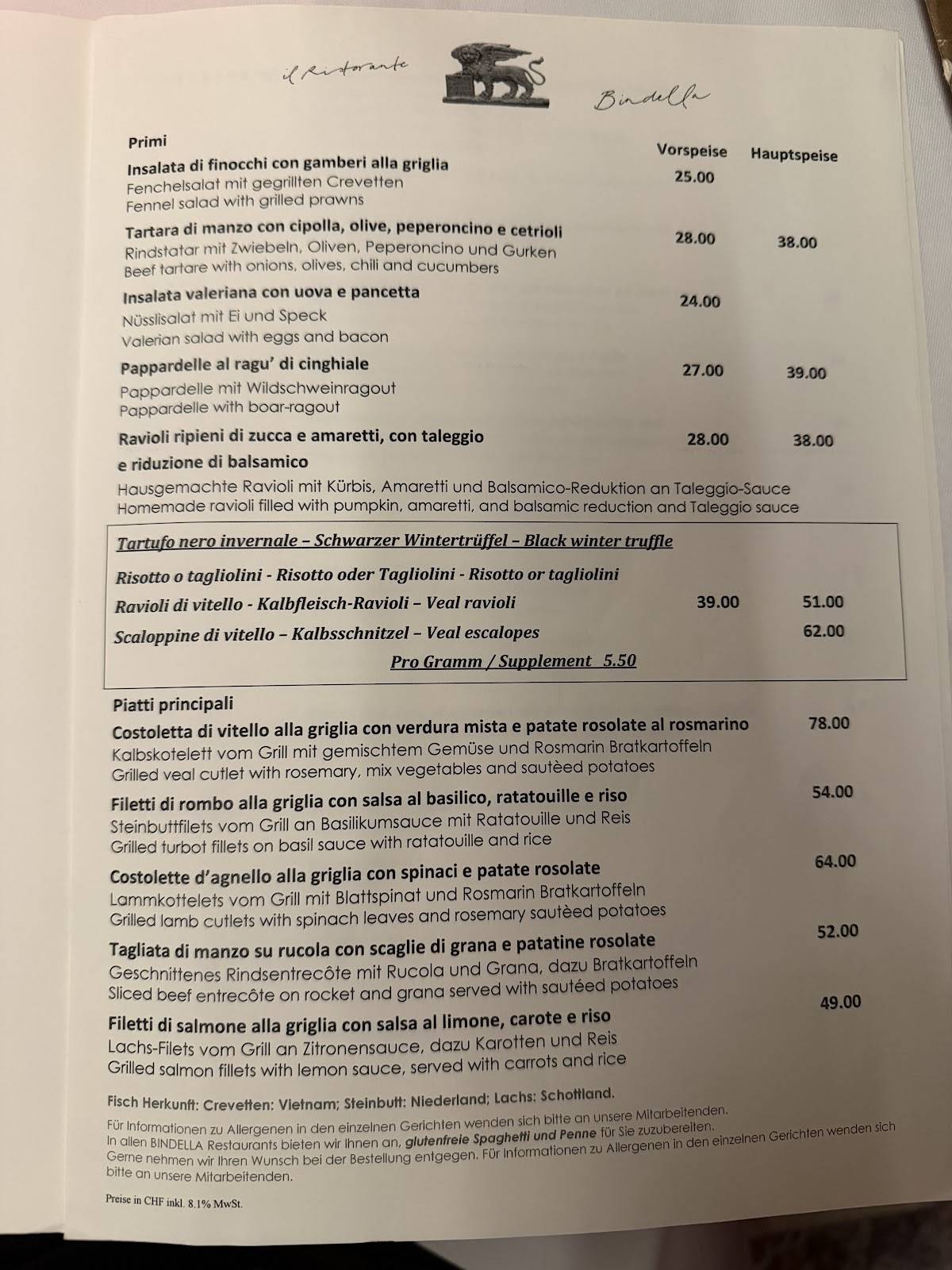 Menu de Bindella
