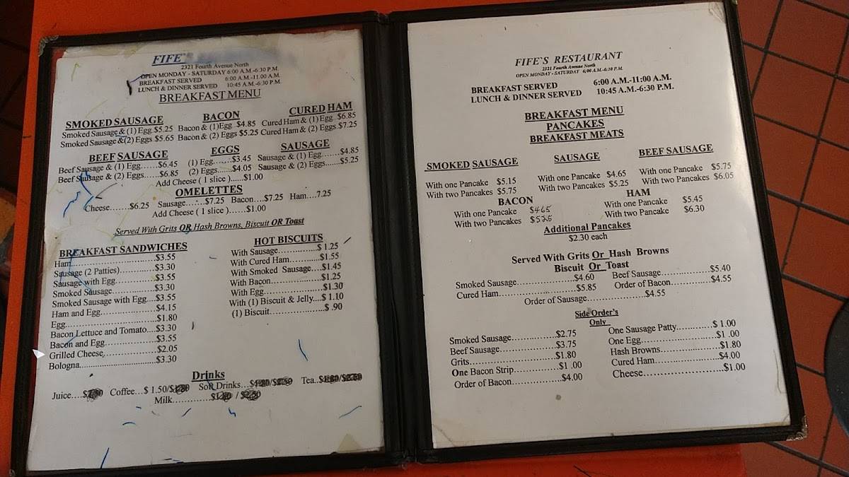 Menu at Fife’s Restaurant, Birmingham