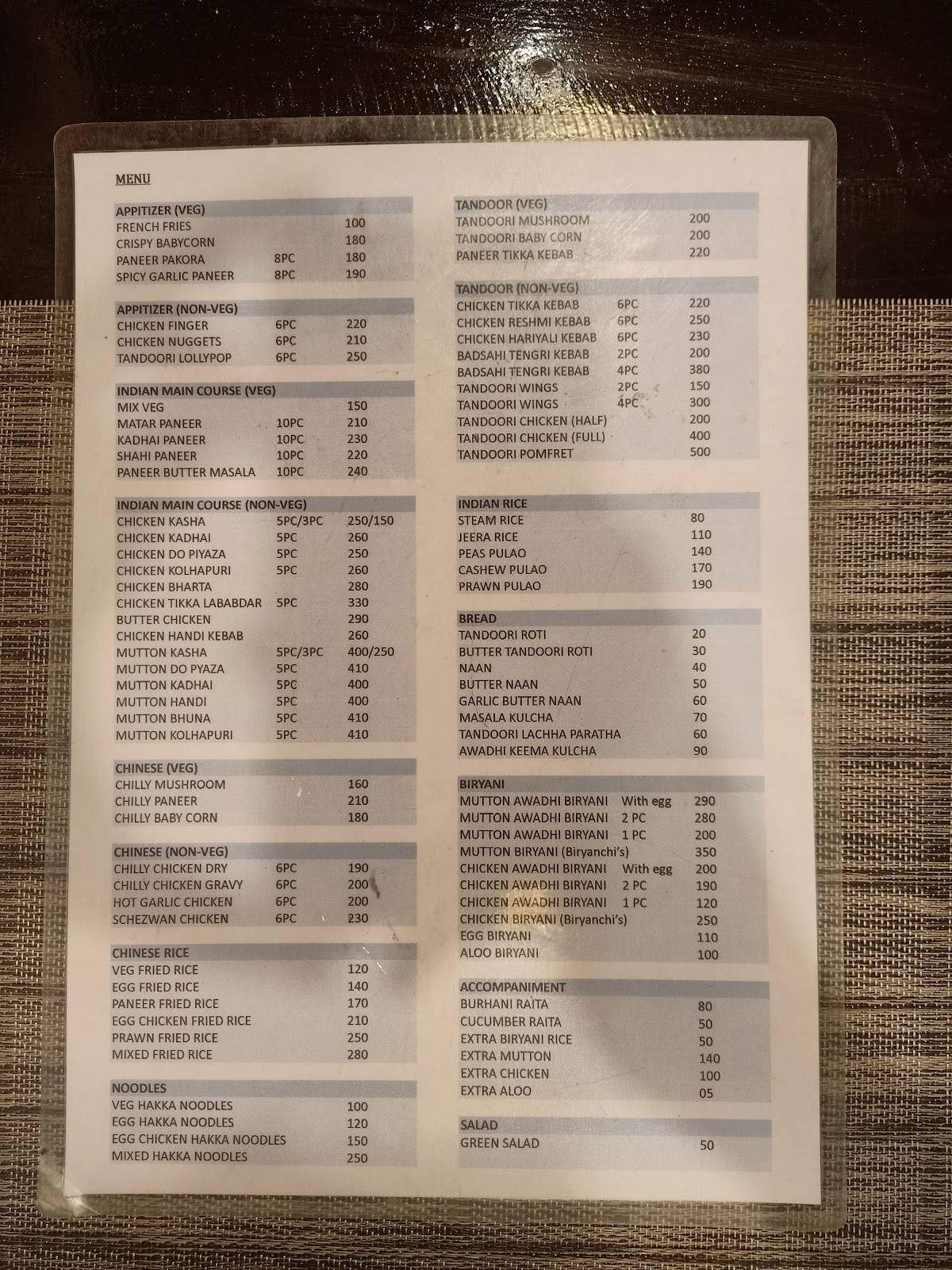 The New Biryanchi's menu
