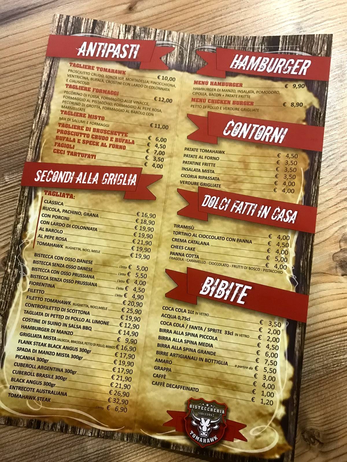 Menu di Bisteccheria Tomahawk 