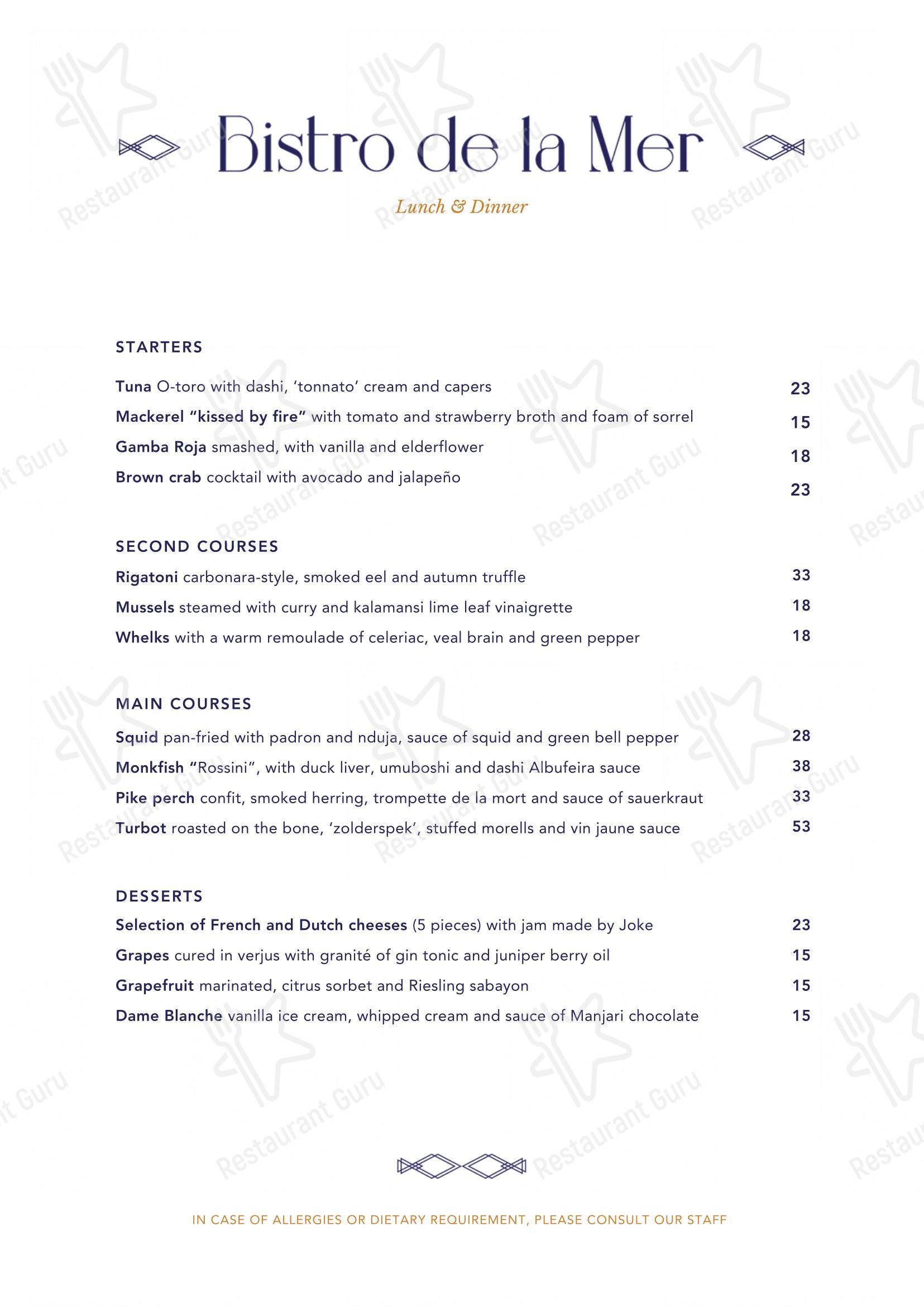 Carta de Bistro de la Mer, Amsterdam