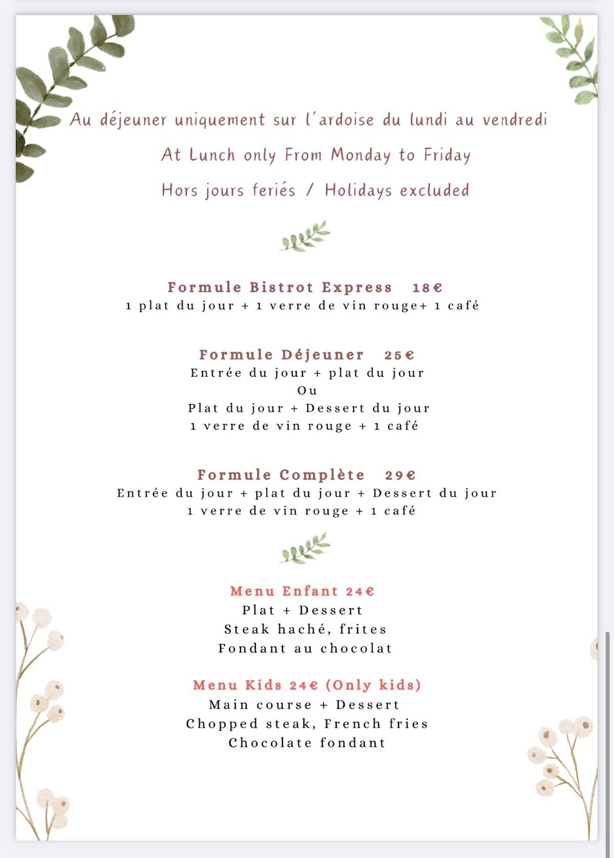Menu de Bistrot de l’Oulette