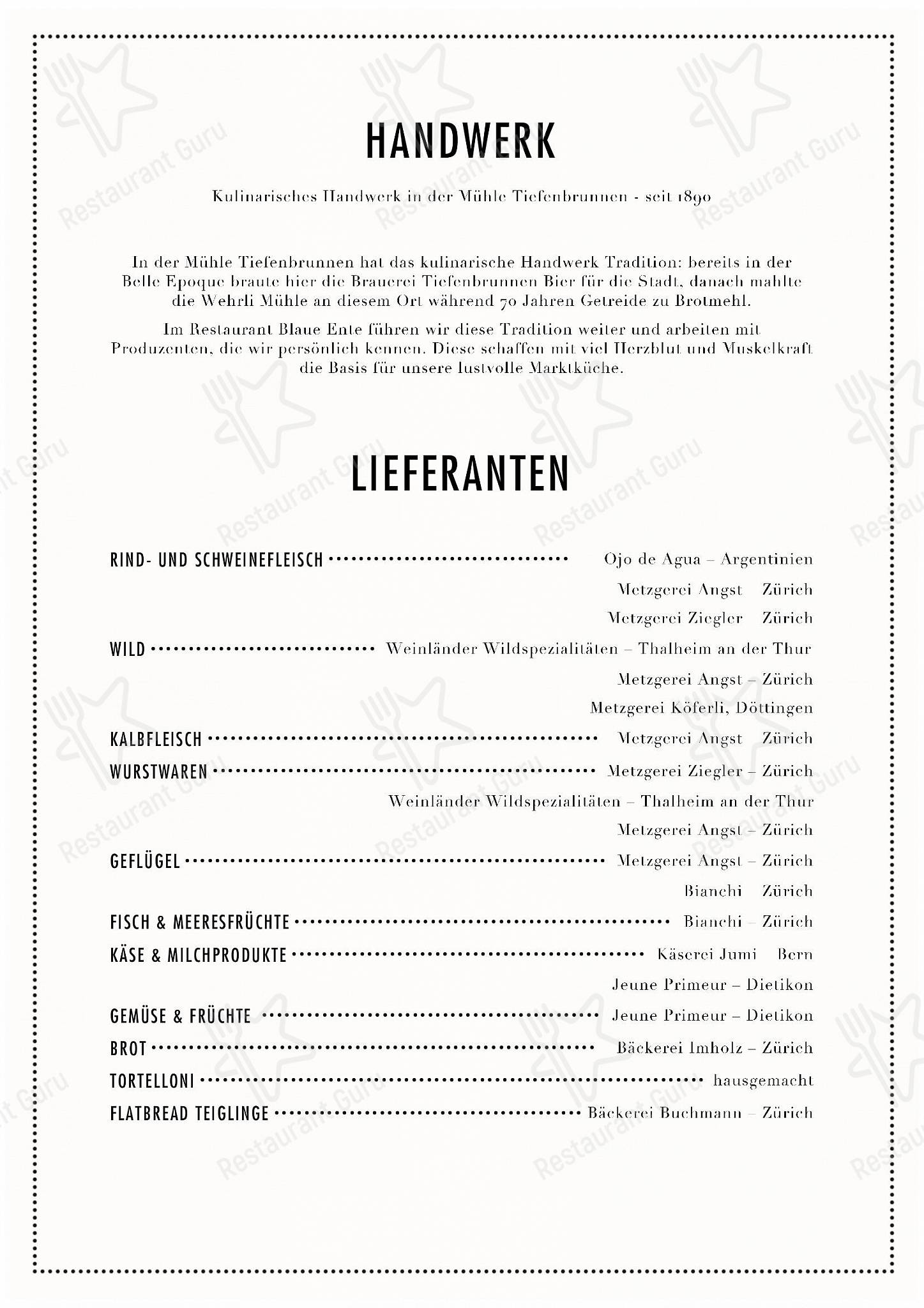 Blaue Ente in Zurigo - Menu