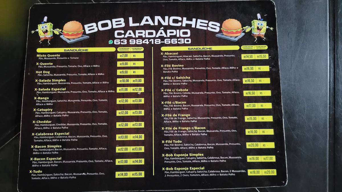 Bob Lanches cardápio