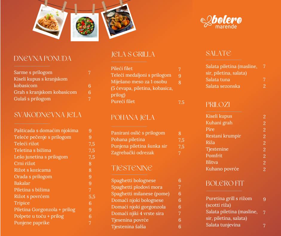Menu di Bolero Restaurant & Weddings 