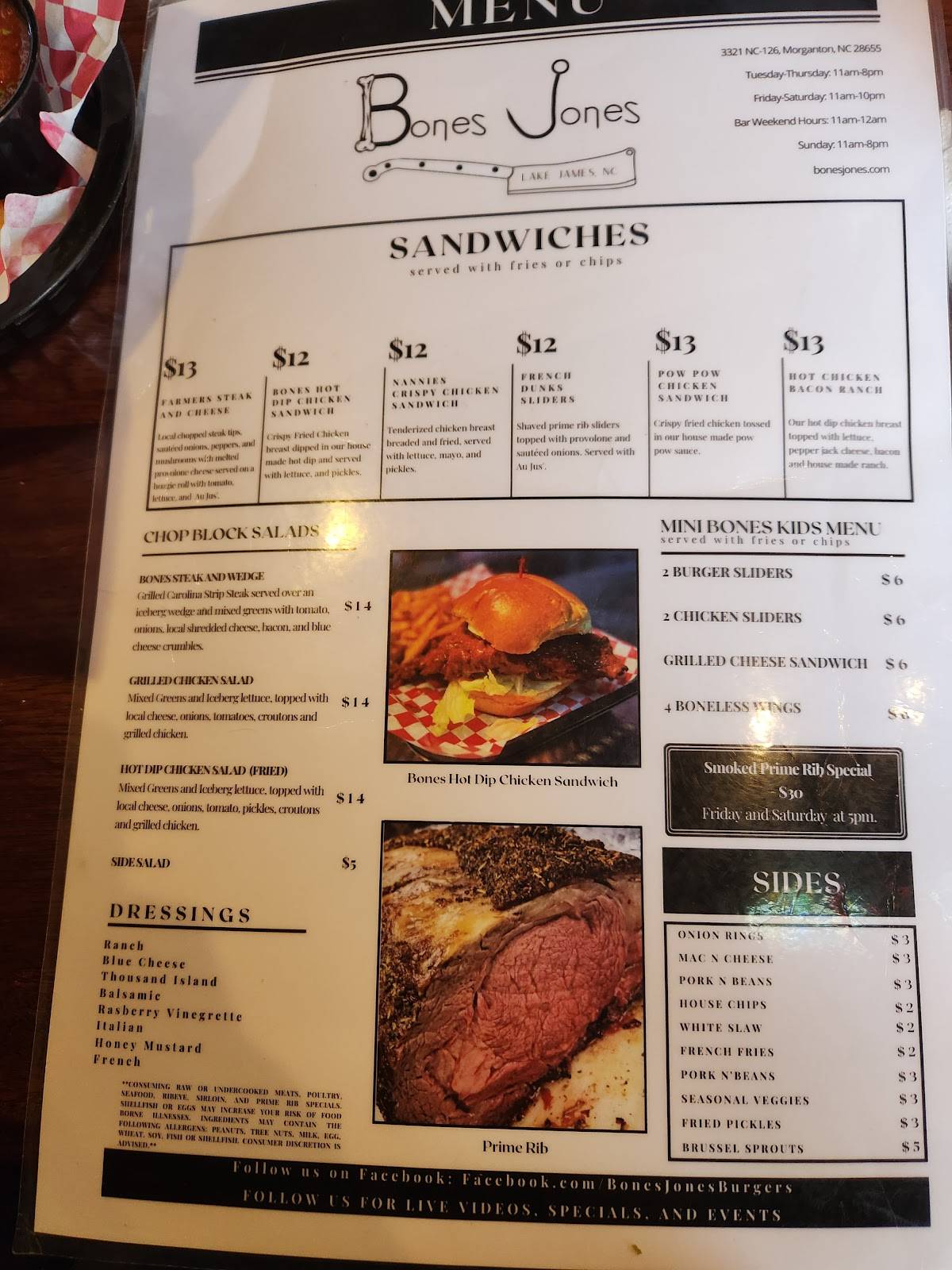 Menu at Bones Jones Burgers and Butchery steakhouse,