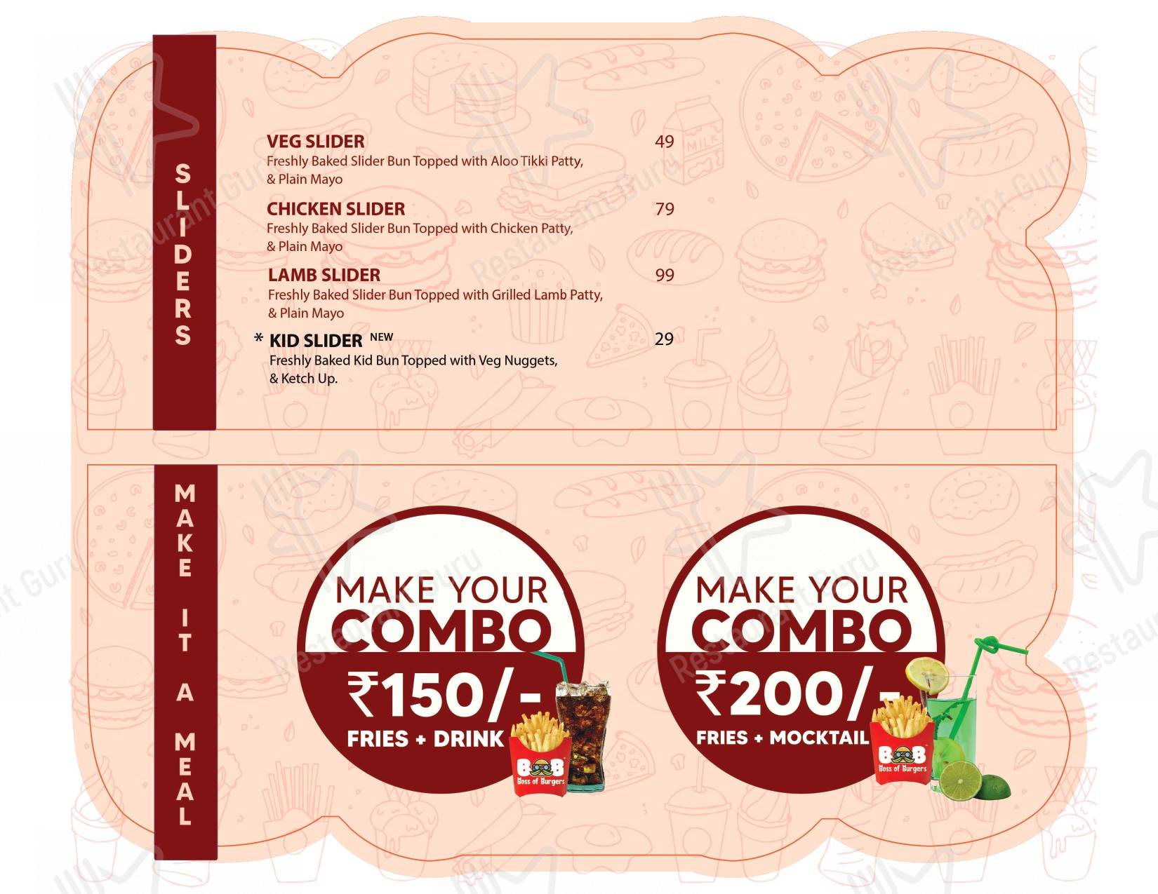Boss of Burgers (BOB) menu