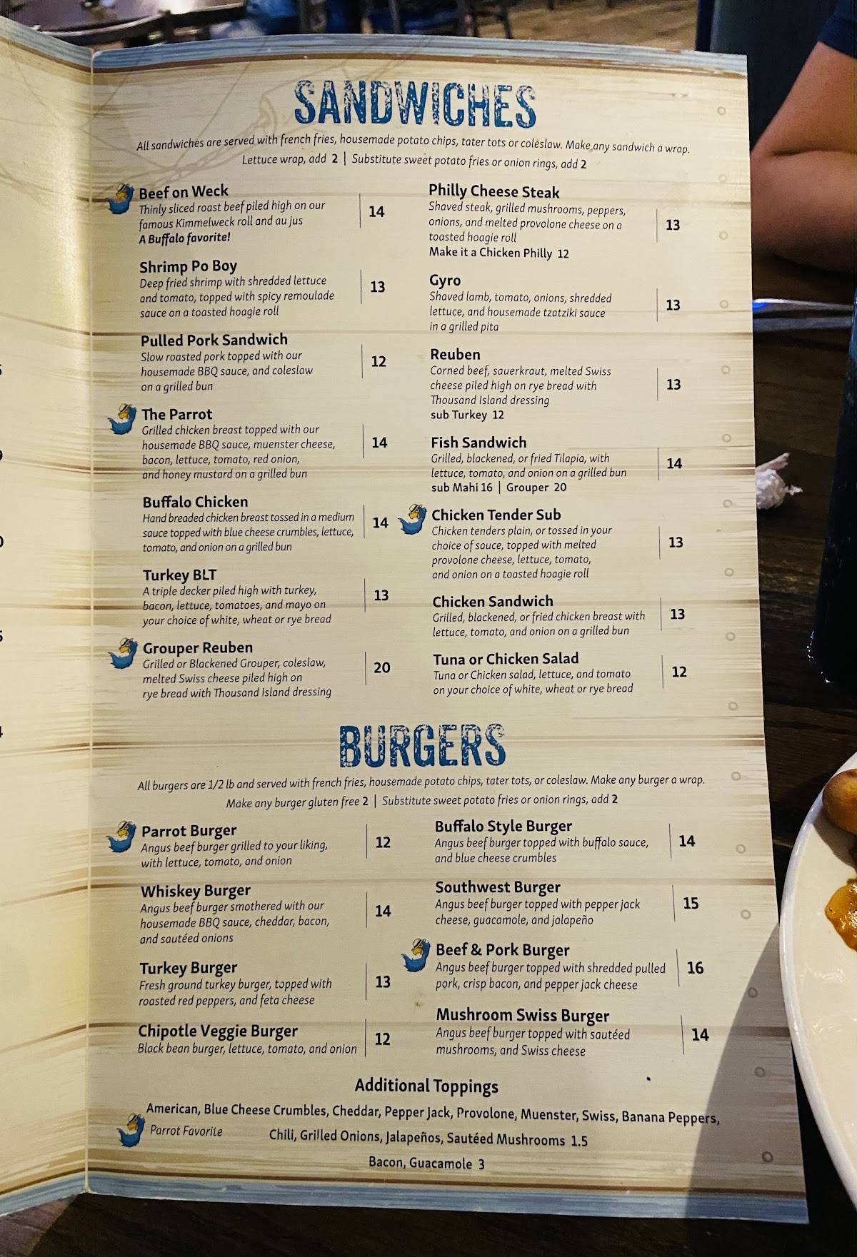 Menu at The Parrot Patio Bar & Grill, Bradenton