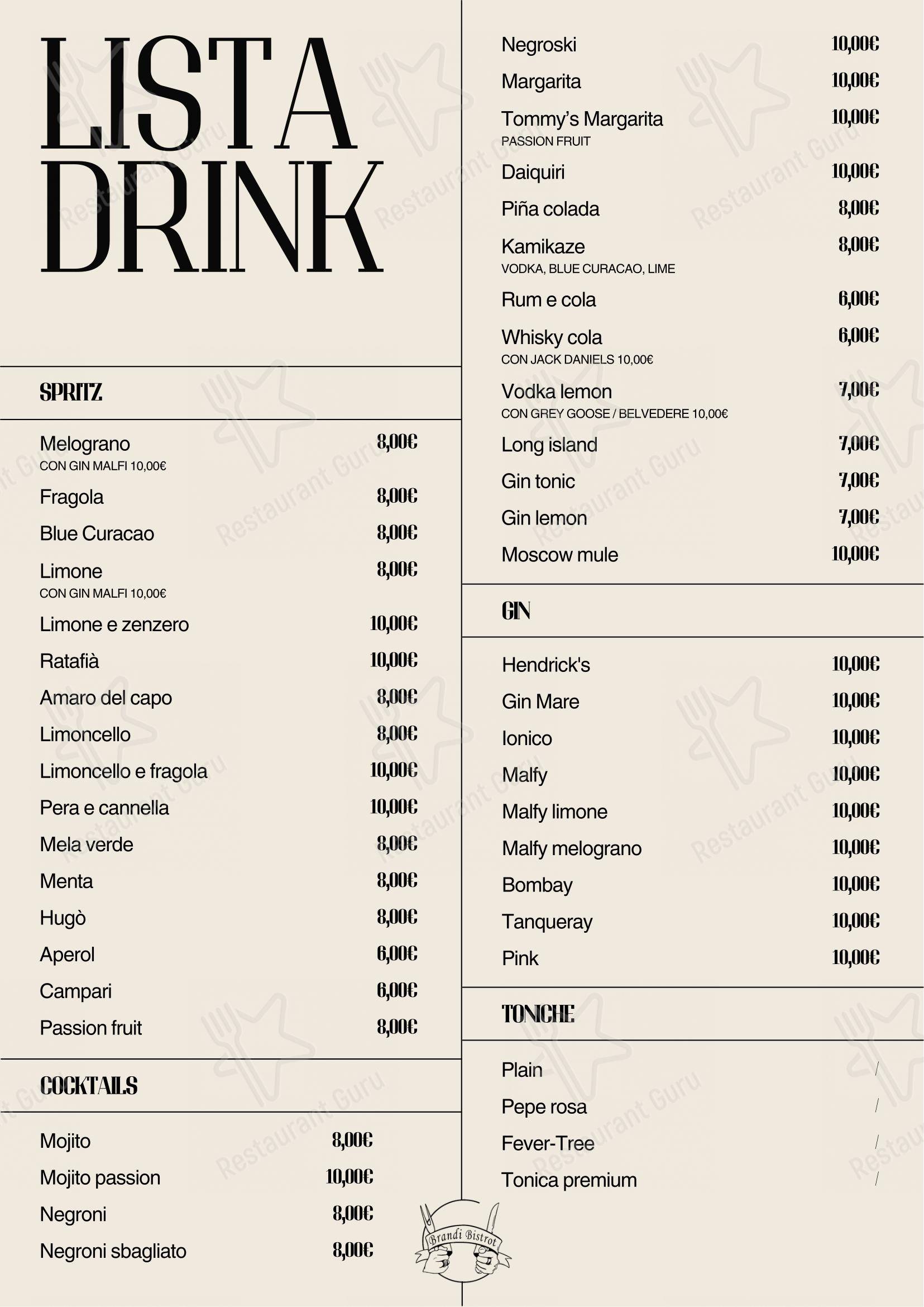 Menu per Brandi Bistrot ristorante