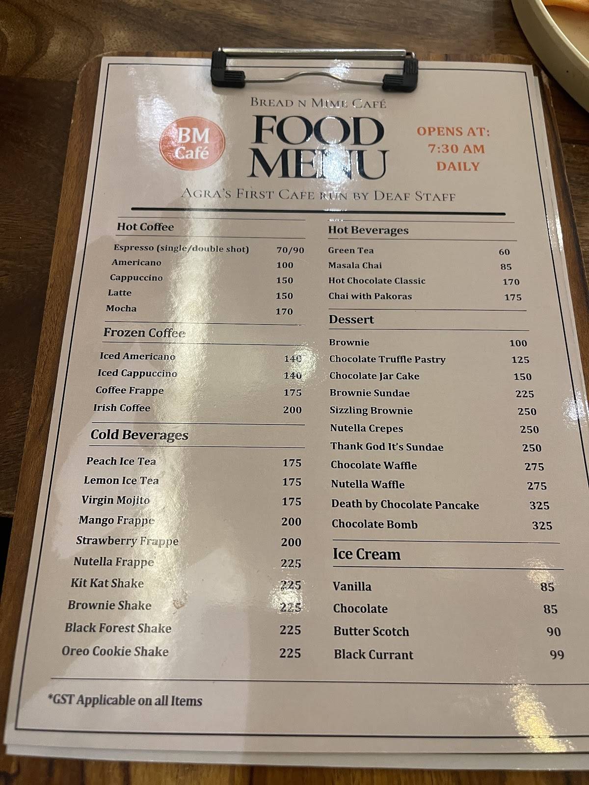 Bread n Mime Café menu