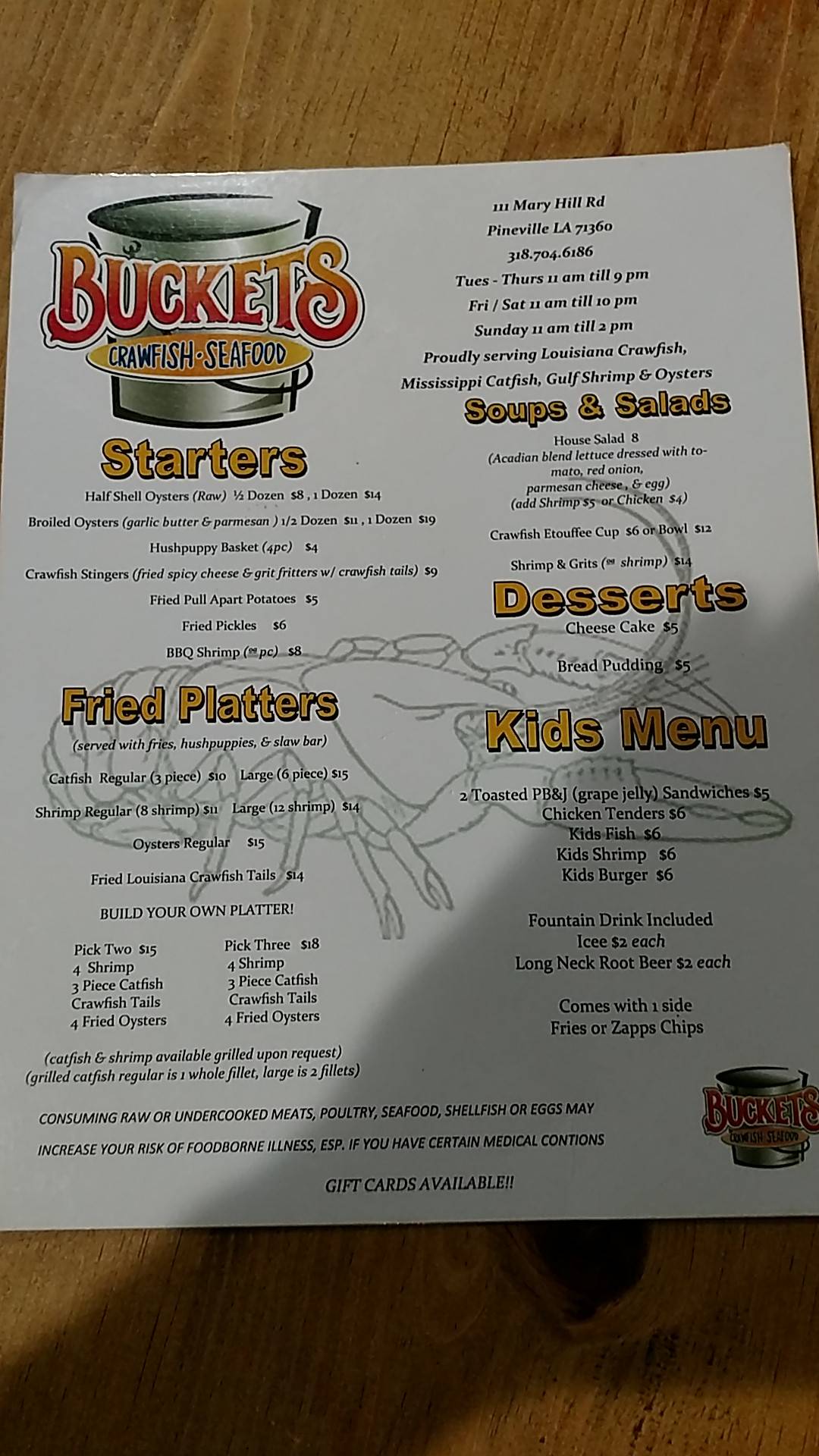 Menu at Buckets Crawfish and Seafood restaurant, Pineville