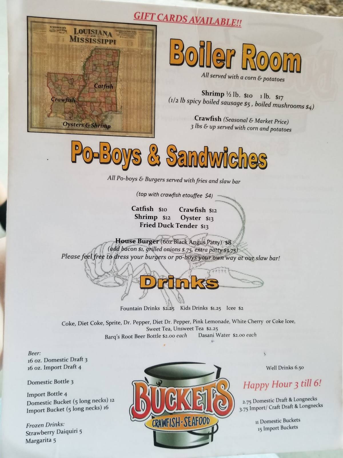 Menu at Buckets Crawfish and Seafood restaurant, Pineville
