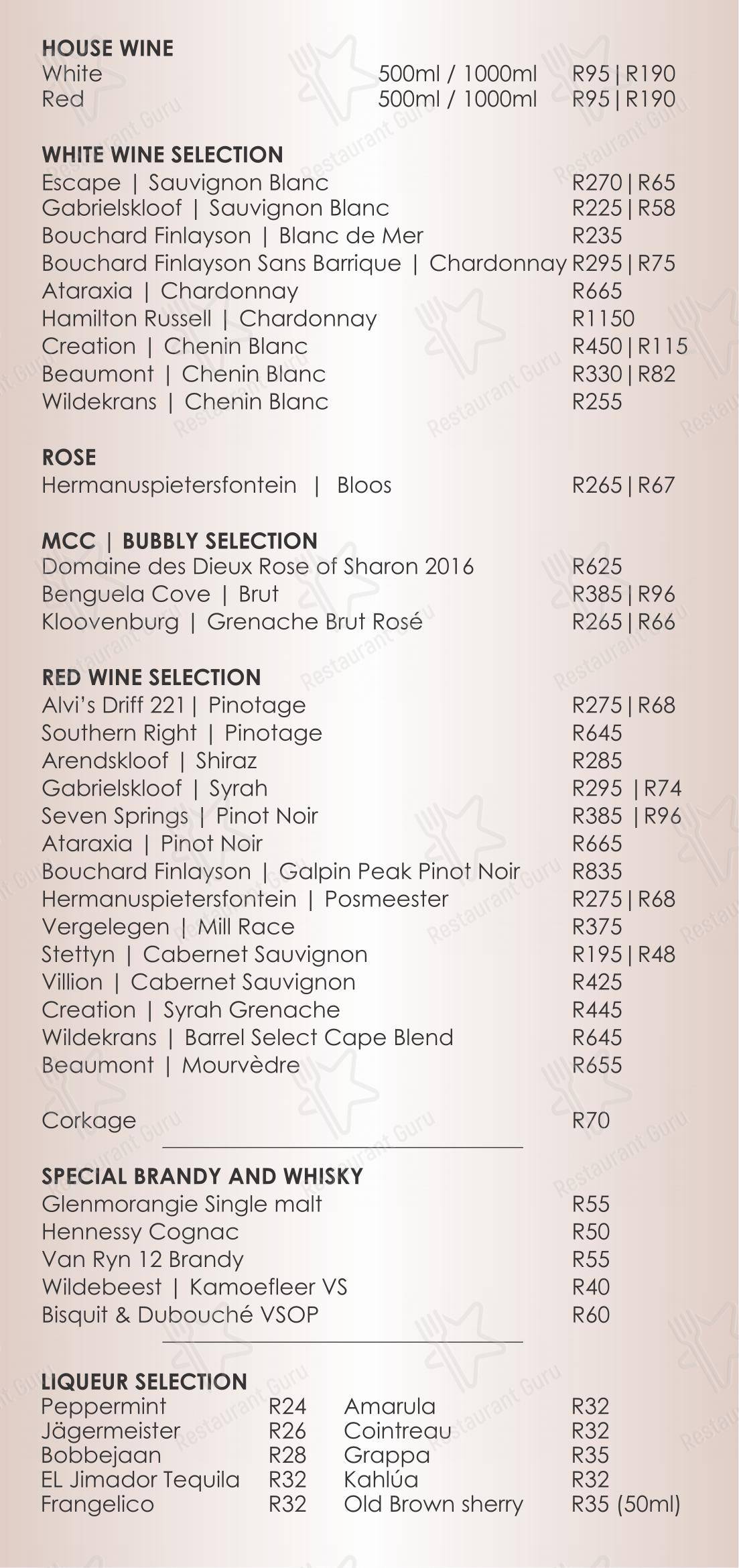 Основное меню pour Burgundy Restaurant dans Hermanus