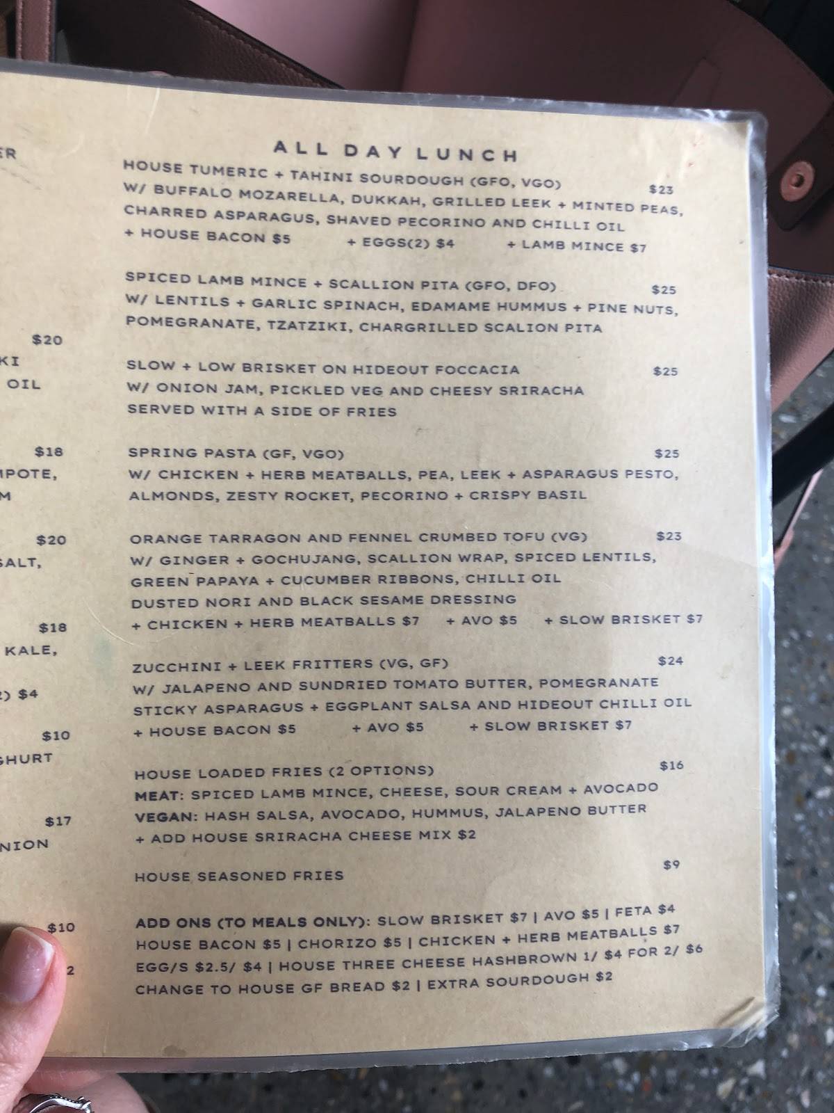 Menu at The Hideout Coffee House, Narangba