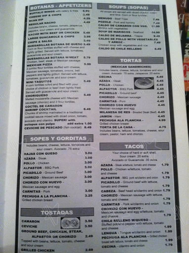 Menu at Burrito Brothers restaurant, Asheboro