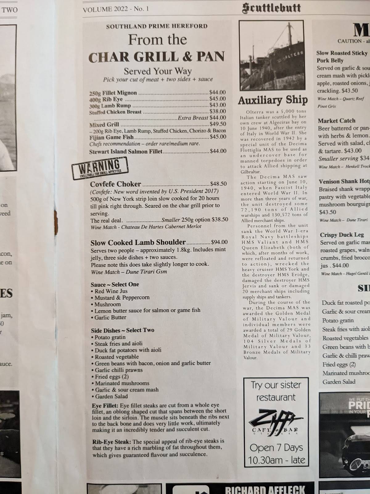 Menu at Buster Crabb restaurant, Invercargill