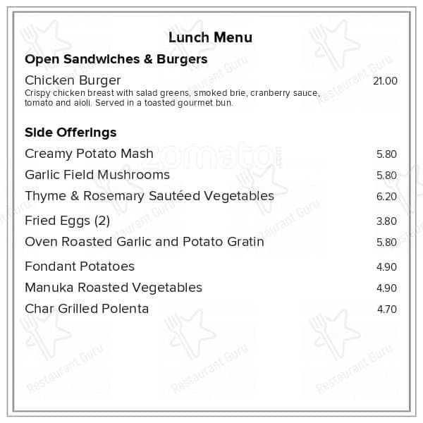 Menu at Buster Crabb restaurant, Invercargill