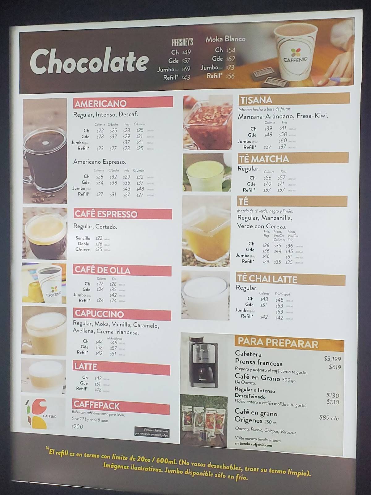 Carta de cafetería CAFFENIO Libramiento, Mazatlán